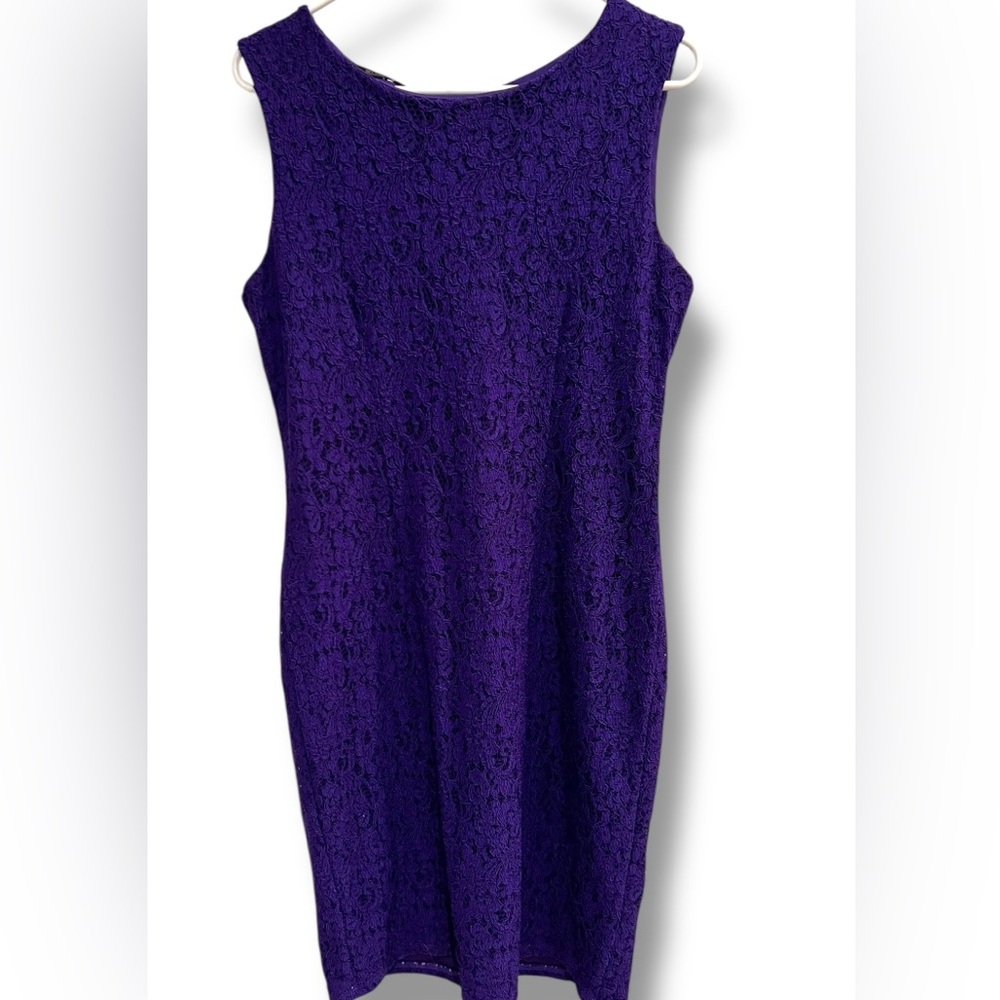 Liz Claiborne Purple Fitted Lace Overlay Sheath Dress Sleeveless Lined Size 14